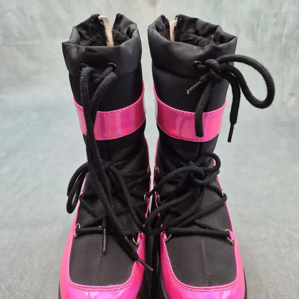 YRU Qronic Holographic Goth Punk Festival Rave Pink Platform Winter Boot Size 7